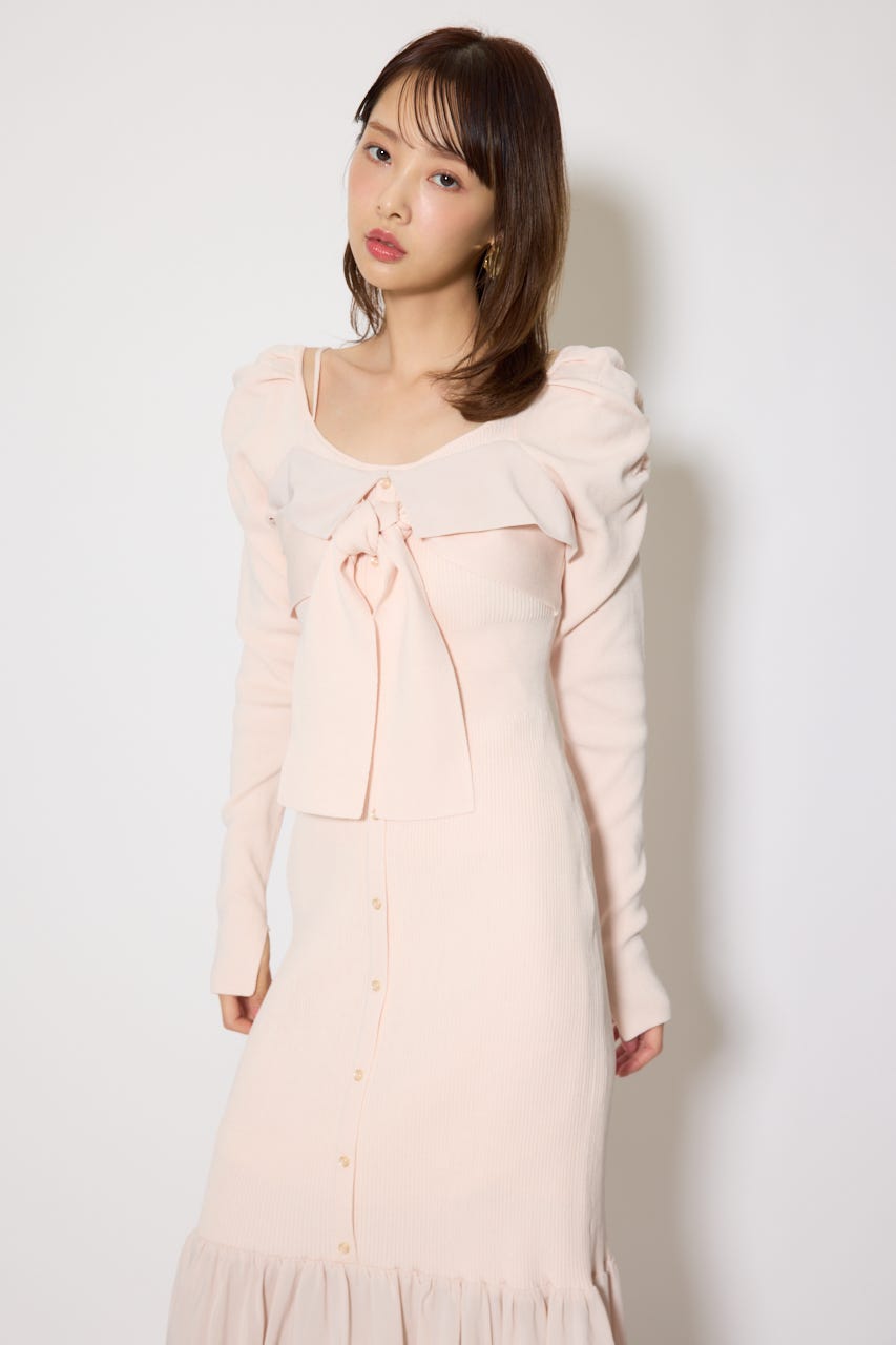 レイヤードフロントリボンマーメイドニットワンピース PNK FREE