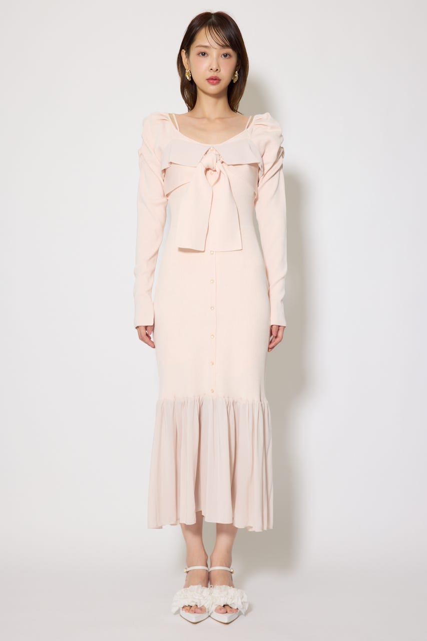 レイヤードフロントリボンマーメイドニットワンピース PNK FREE