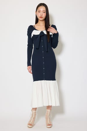 レイヤードフロントリボンマーメイドニットワンピース