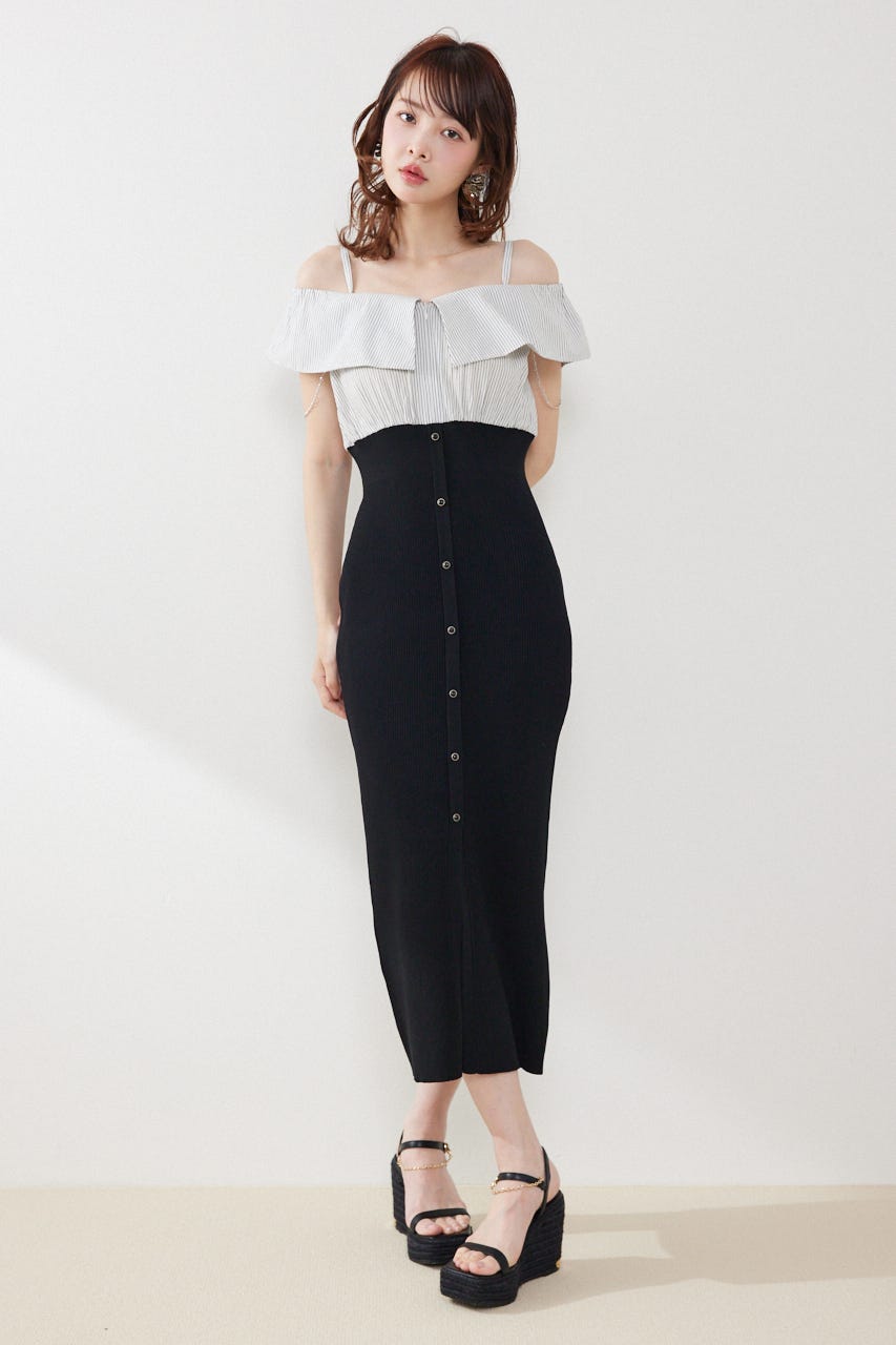 2WAYフロントジップビッグカラータイトニットワンピース BLK FREE