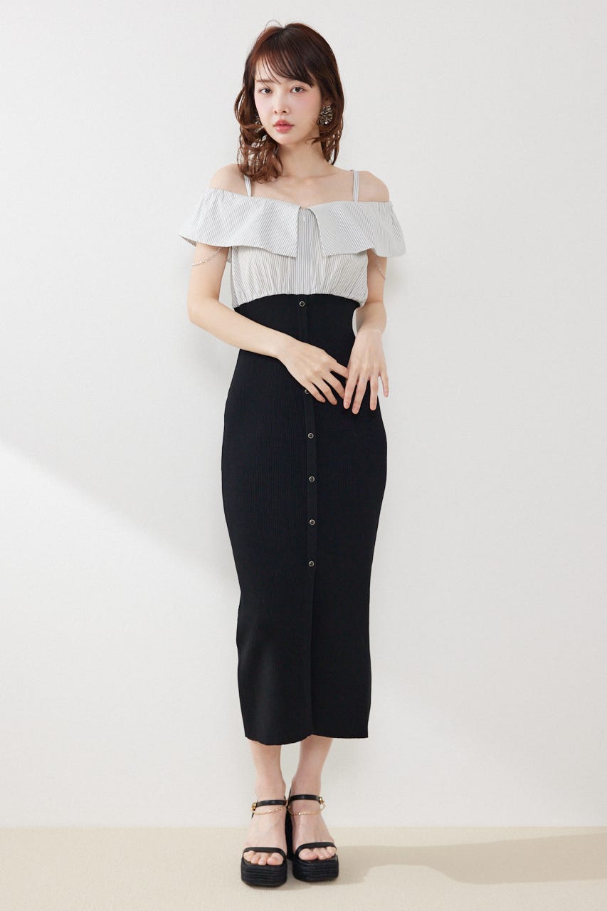 2WAYフロントジップビッグカラータイトニットワンピース BLK FREE