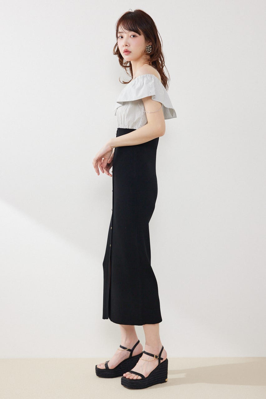 2WAYフロントジップビッグカラータイトニットワンピース BLK FREE