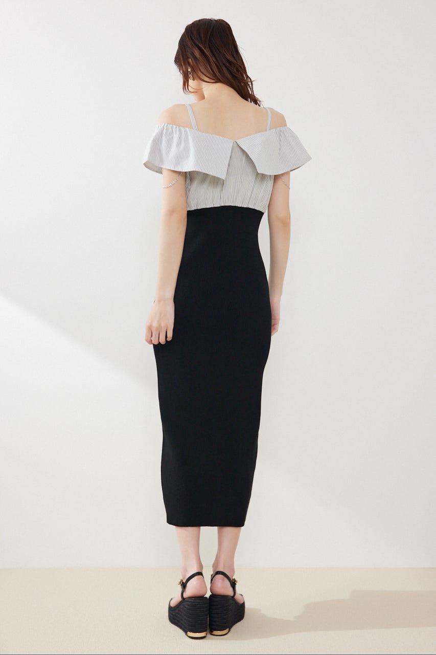 2WAYフロントジップビッグカラータイトニットワンピース BLK FREE