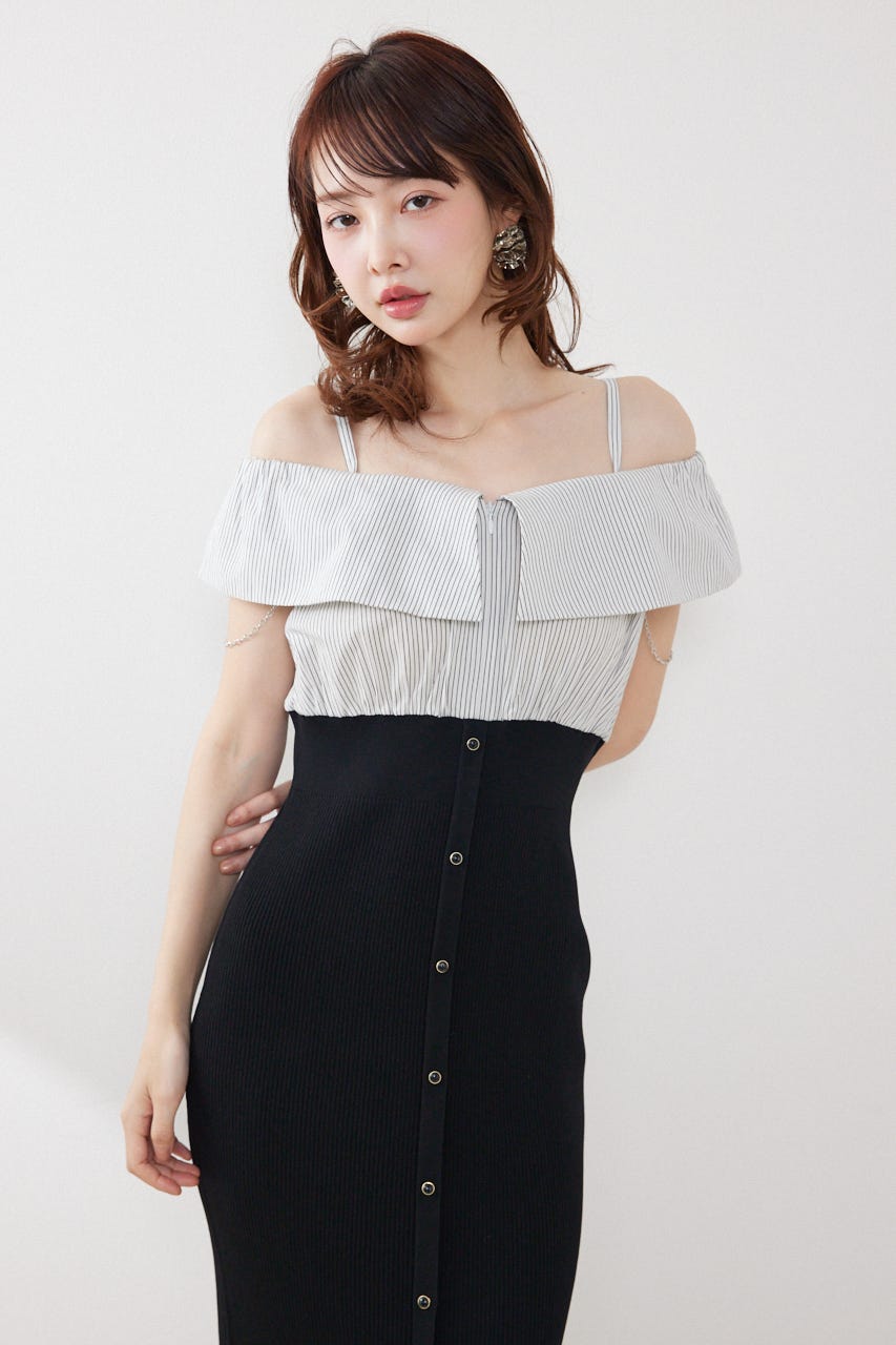 2WAYフロントジップビッグカラータイトニットワンピース BLK FREE