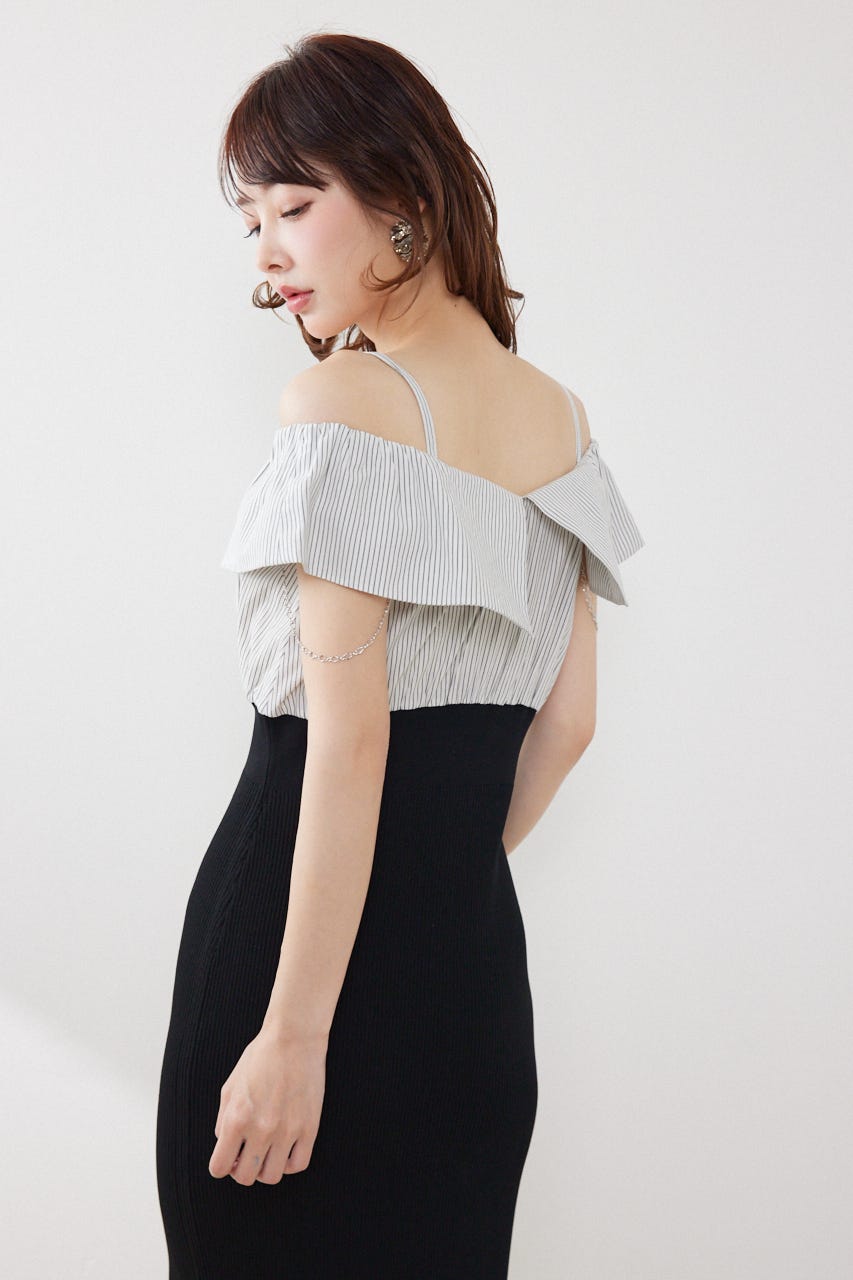 2WAYフロントジップビッグカラータイトニットワンピース BLK FREE