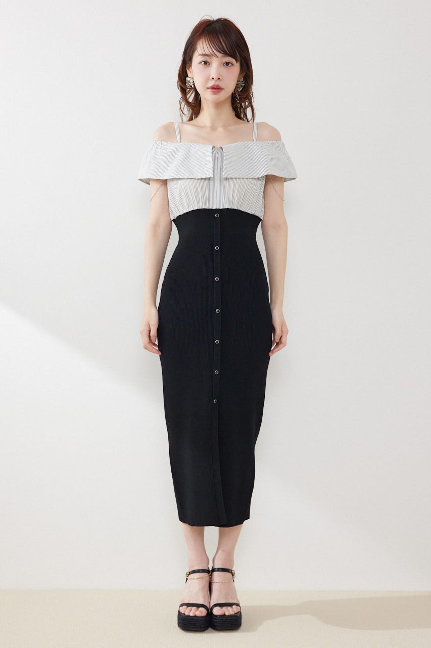 2WAYフロントジップビッグカラータイトニットワンピース BLK FREE