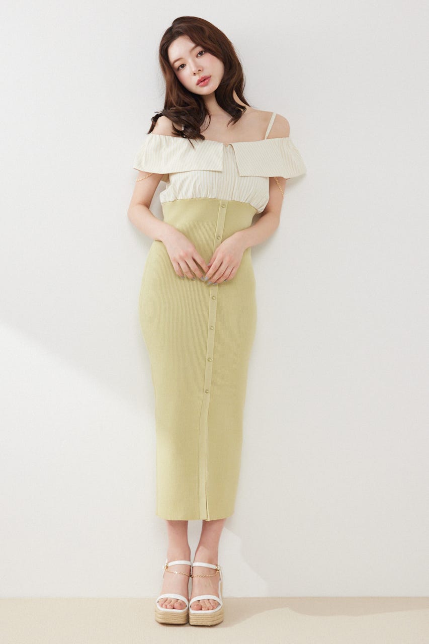 2WAYフロントジップビッグカラータイトニットワンピース LIME FREE