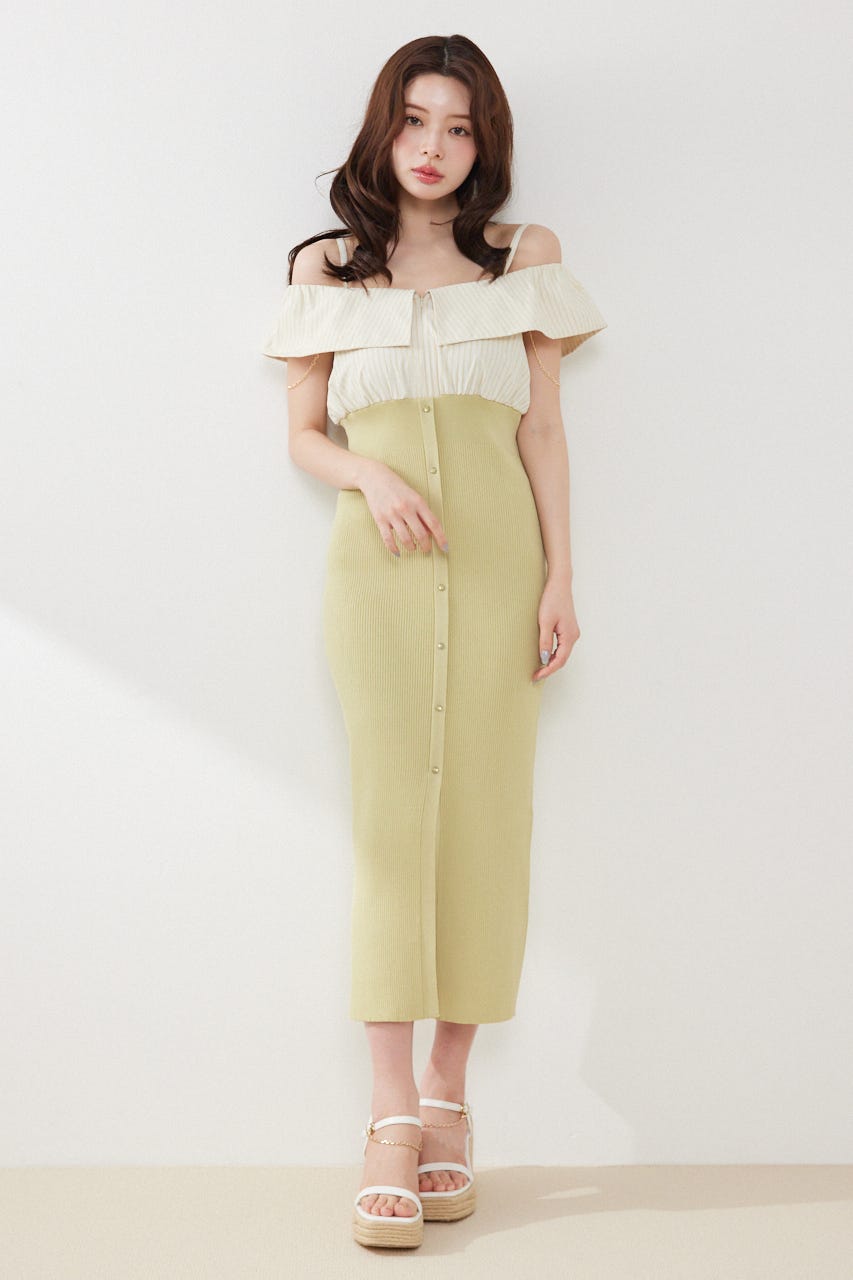 2WAYフロントジップビッグカラータイトニットワンピース LIME FREE