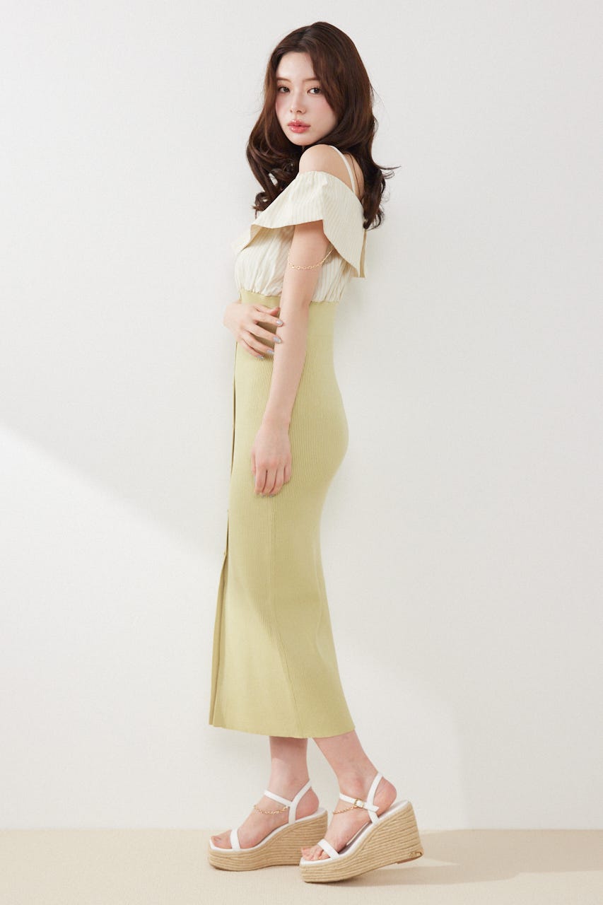 2WAYフロントジップビッグカラータイトニットワンピース LIME FREE