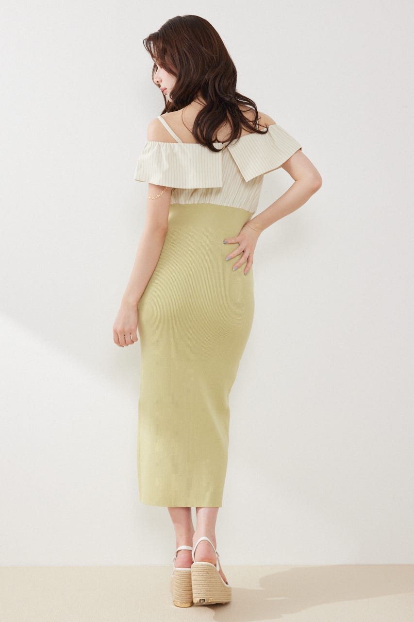 2WAYフロントジップビッグカラータイトニットワンピース LIME FREE