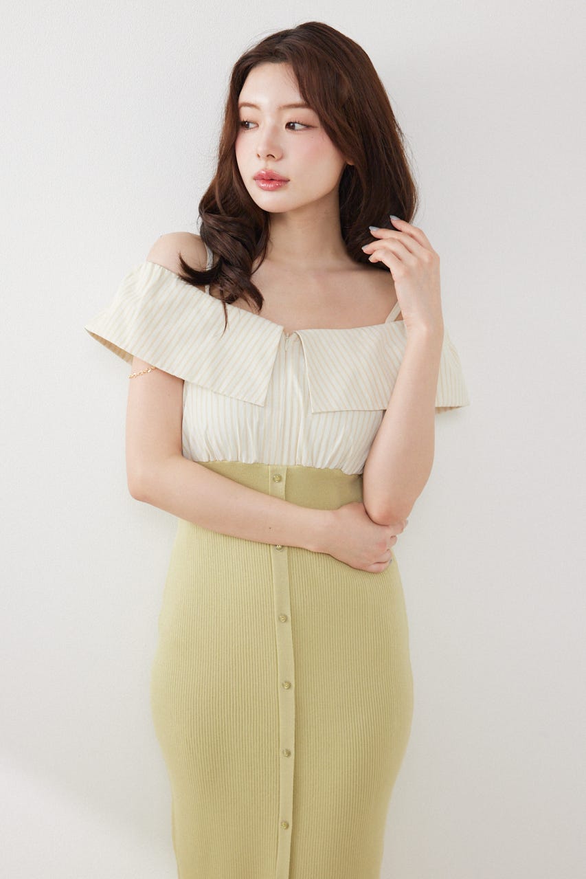 2WAYフロントジップビッグカラータイトニットワンピース LIME FREE