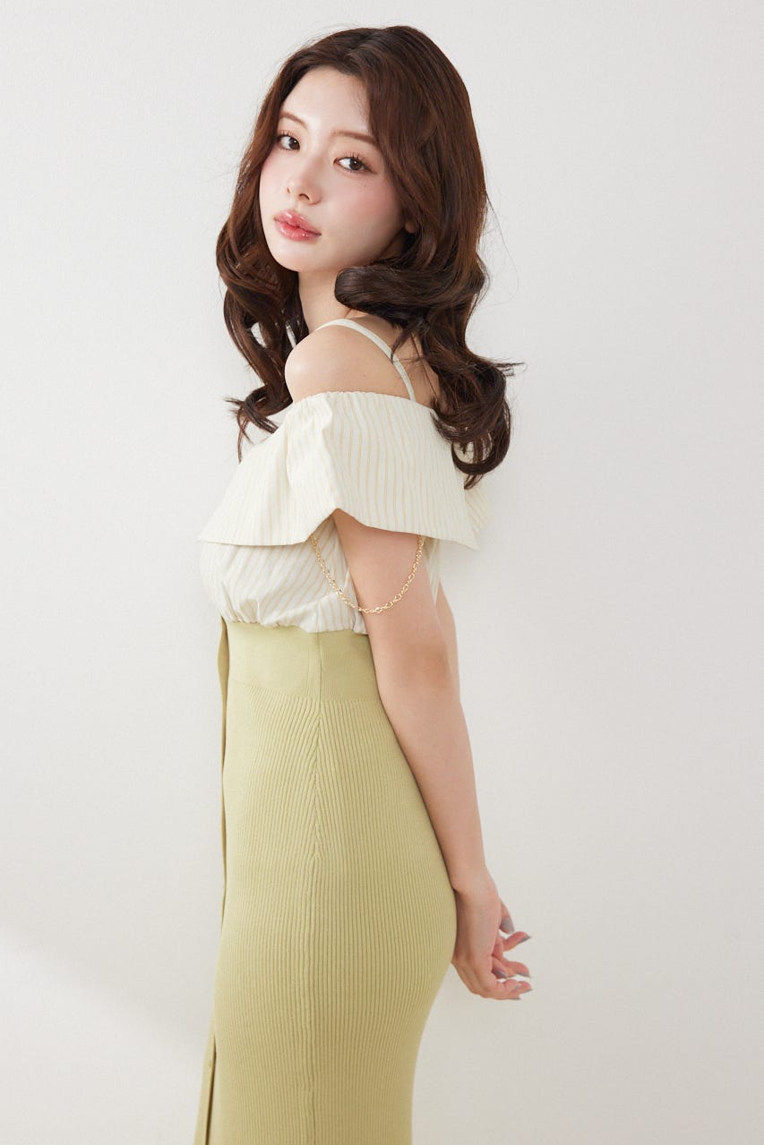 2WAYフロントジップビッグカラータイトニットワンピース LIME FREE