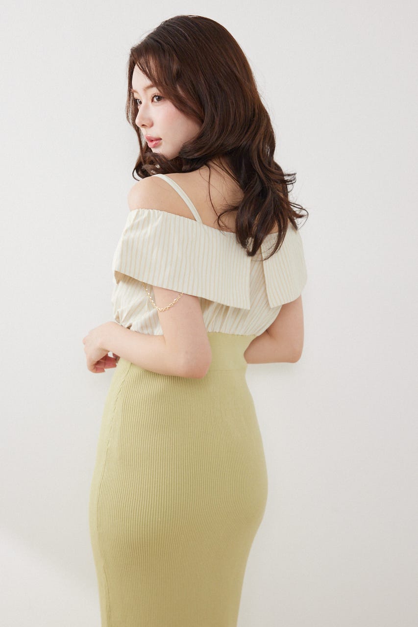 2WAYフロントジップビッグカラータイトニットワンピース LIME FREE