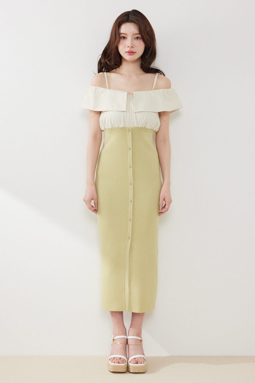 2WAYフロントジップビッグカラータイトニットワンピース LIME FREE