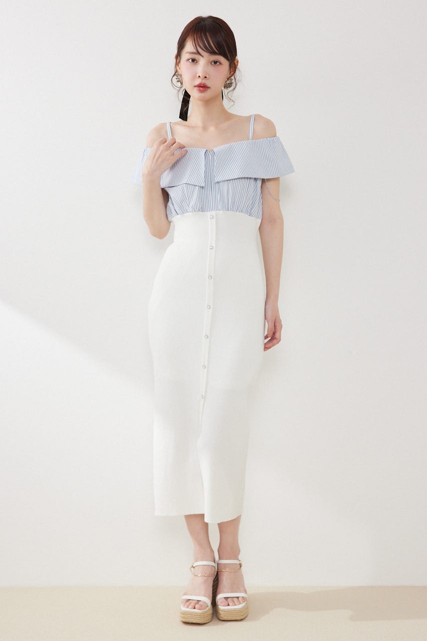 2WAYフロントジップビッグカラータイトニットワンピース WHT FREE