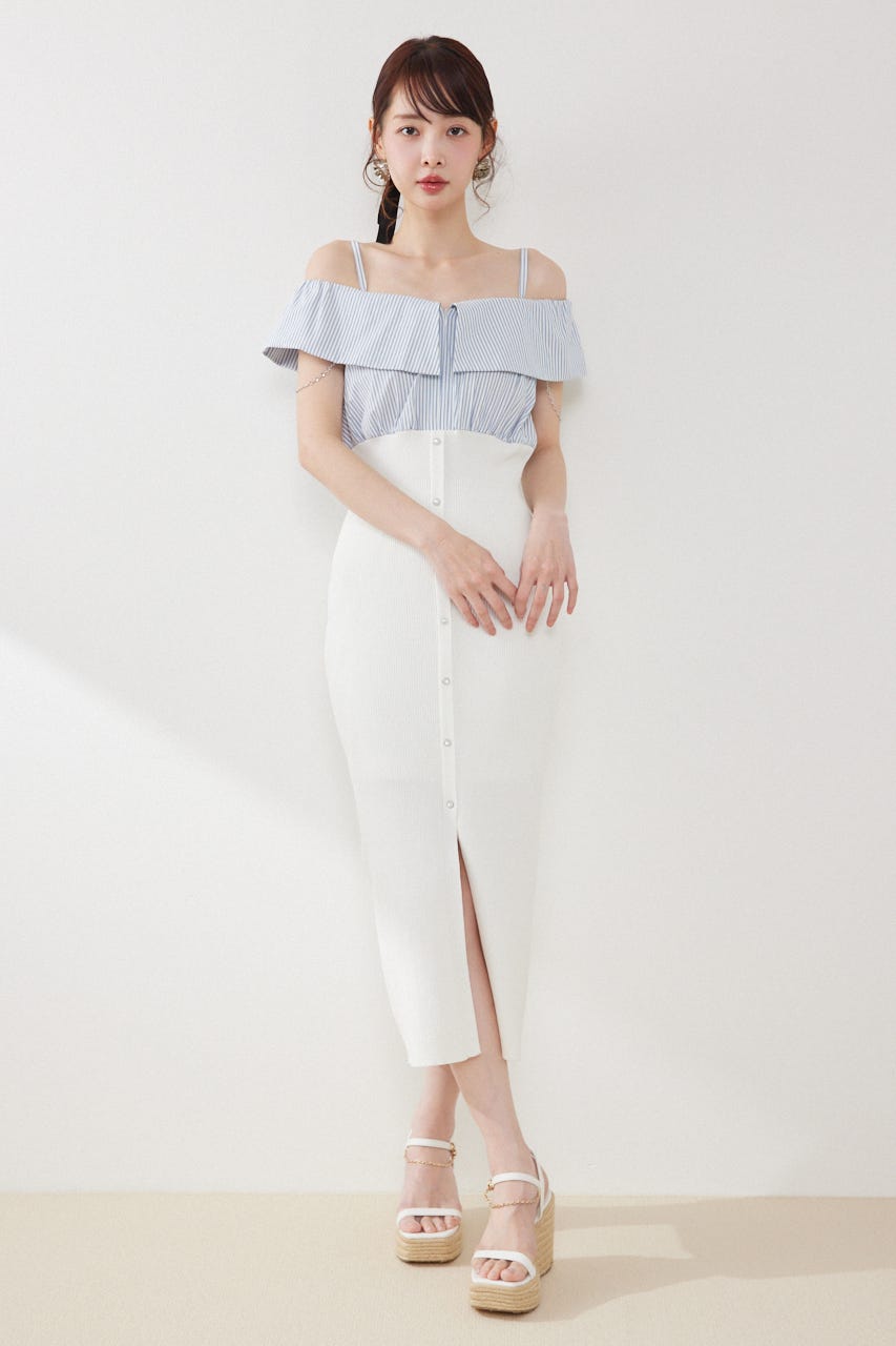 2WAYフロントジップビッグカラータイトニットワンピース WHT FREE