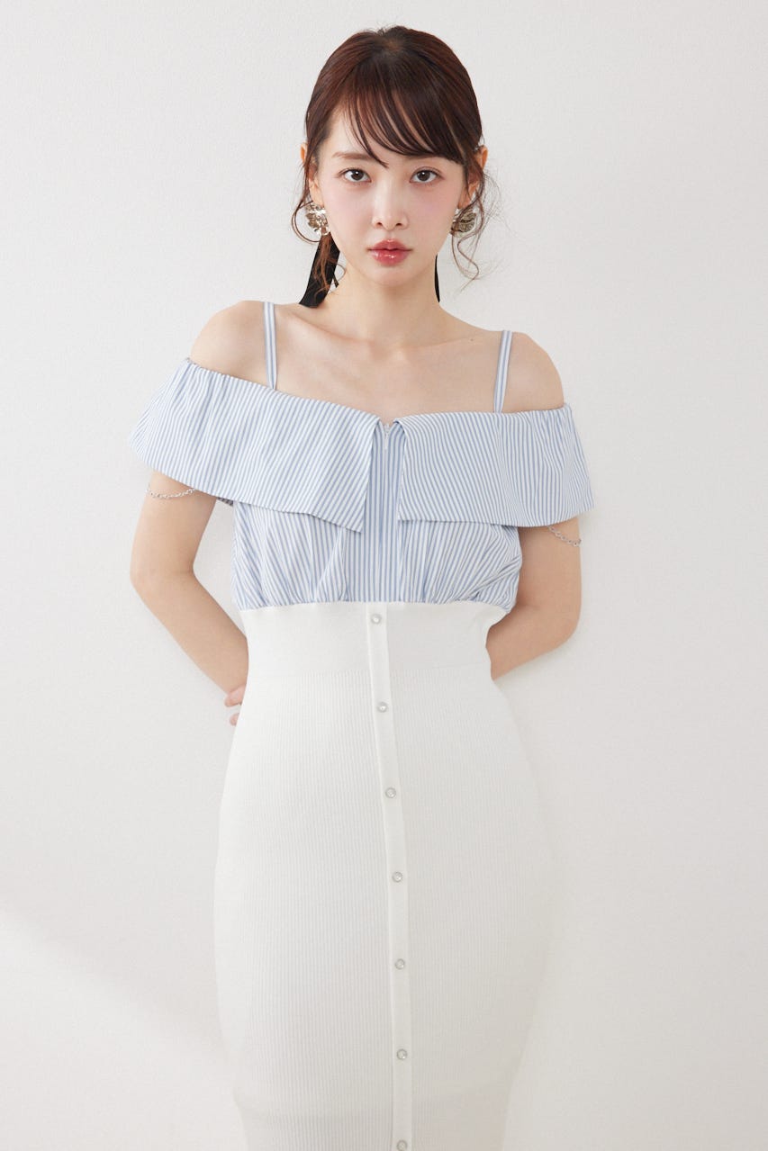 2WAYフロントジップビッグカラータイトニットワンピース WHT FREE