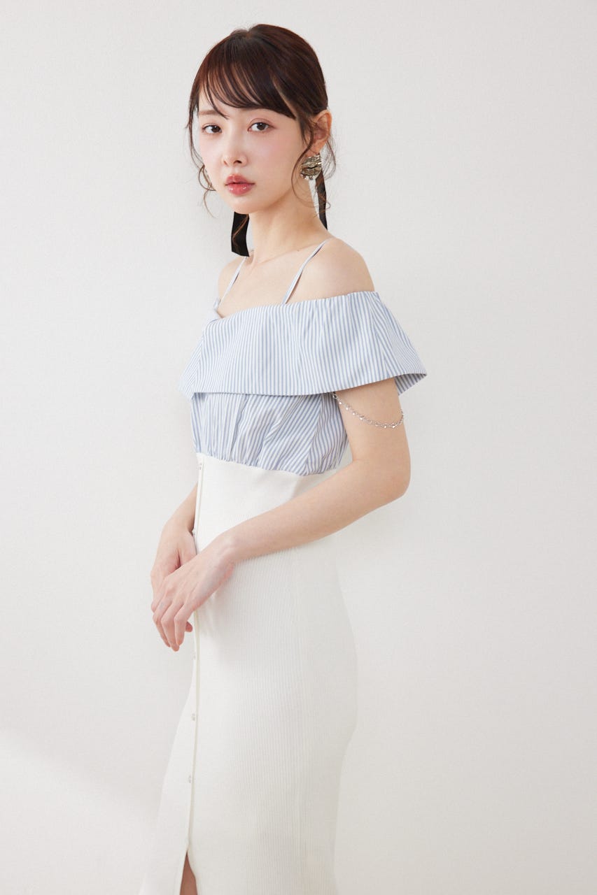 2WAYフロントジップビッグカラータイトニットワンピース WHT FREE