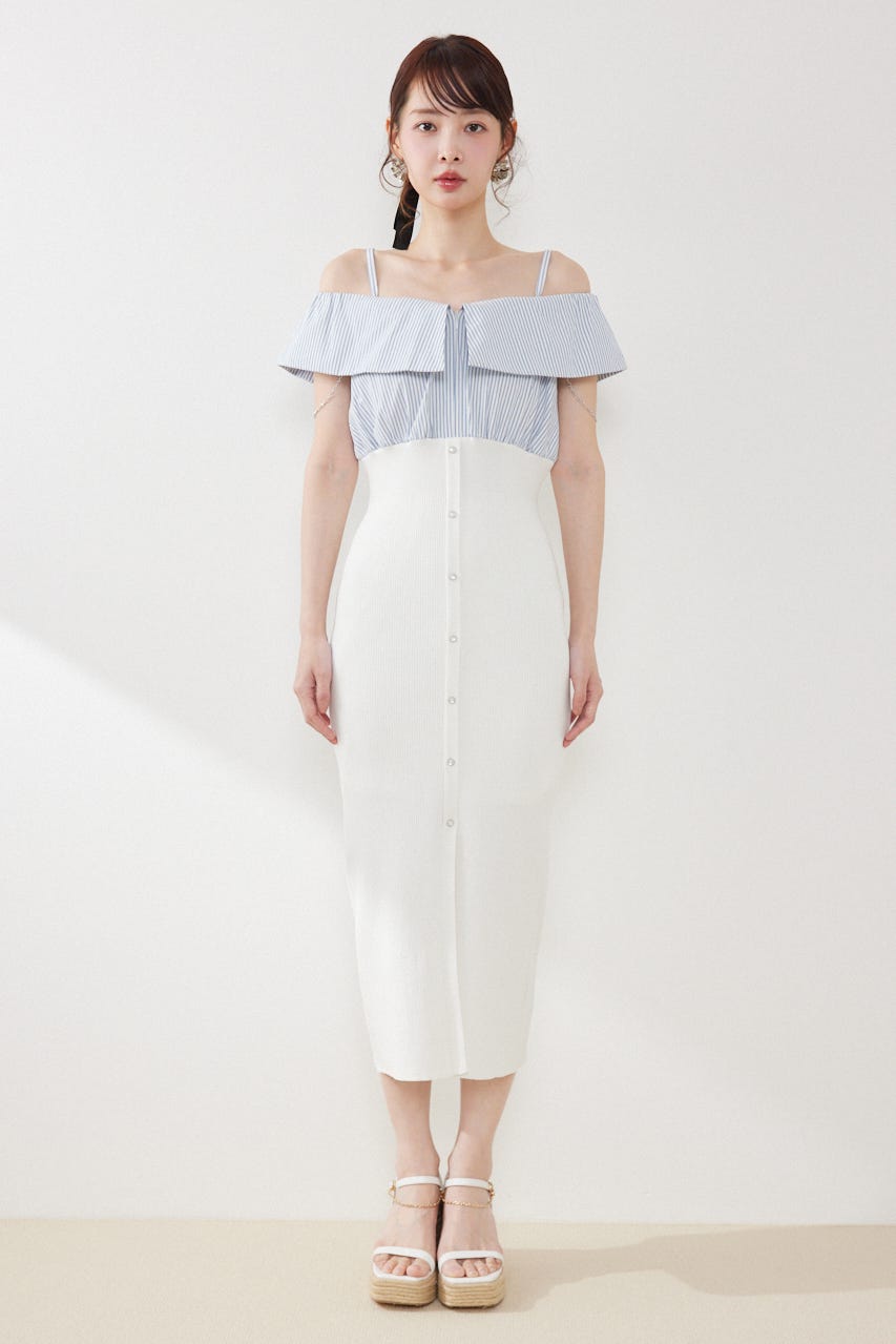 2WAYフロントジップビッグカラータイトニットワンピース WHT FREE