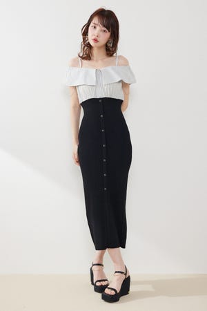 2WAYフロントジップビッグカラータイトニットワンピース