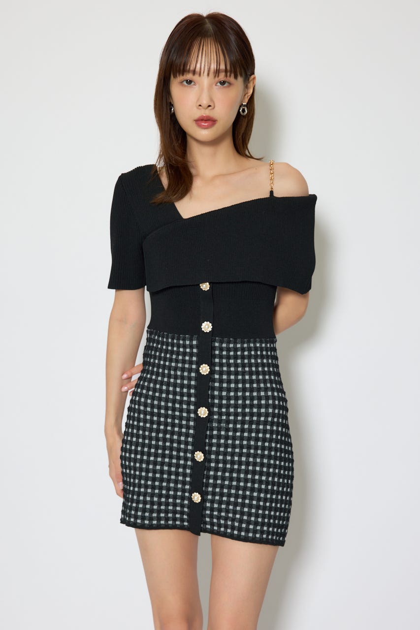 アシンメトリーツイードミニニットワンピース BLK FREE