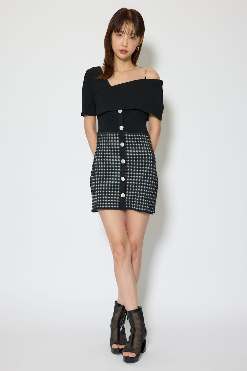 アシンメトリーツイードミニニットワンピース BLK FREE