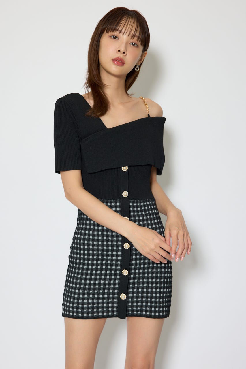 アシンメトリーツイードミニニットワンピース BLK FREE