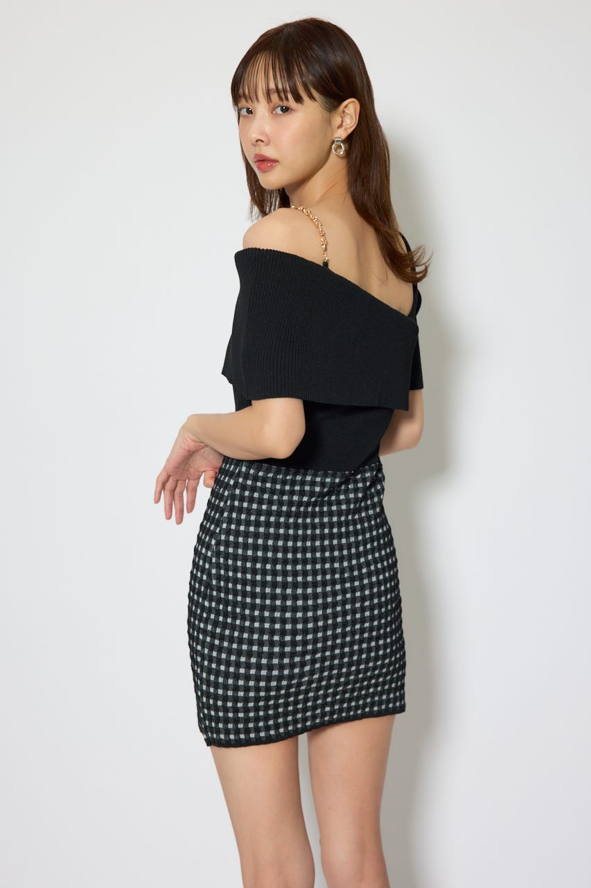 アシンメトリーツイードミニニットワンピース BLK FREE