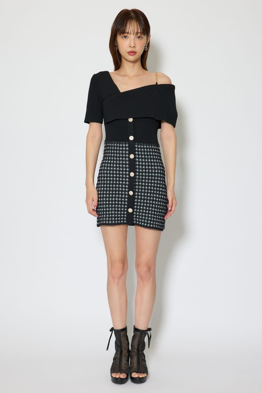 アシンメトリーツイードミニニットワンピース BLK FREE