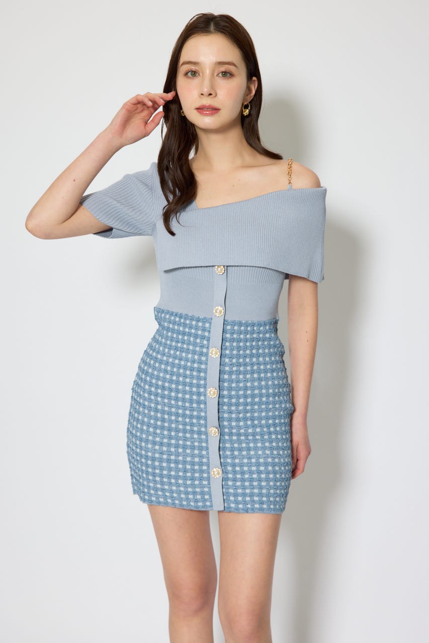 アシンメトリーツイードミニニットワンピース BLU FREE