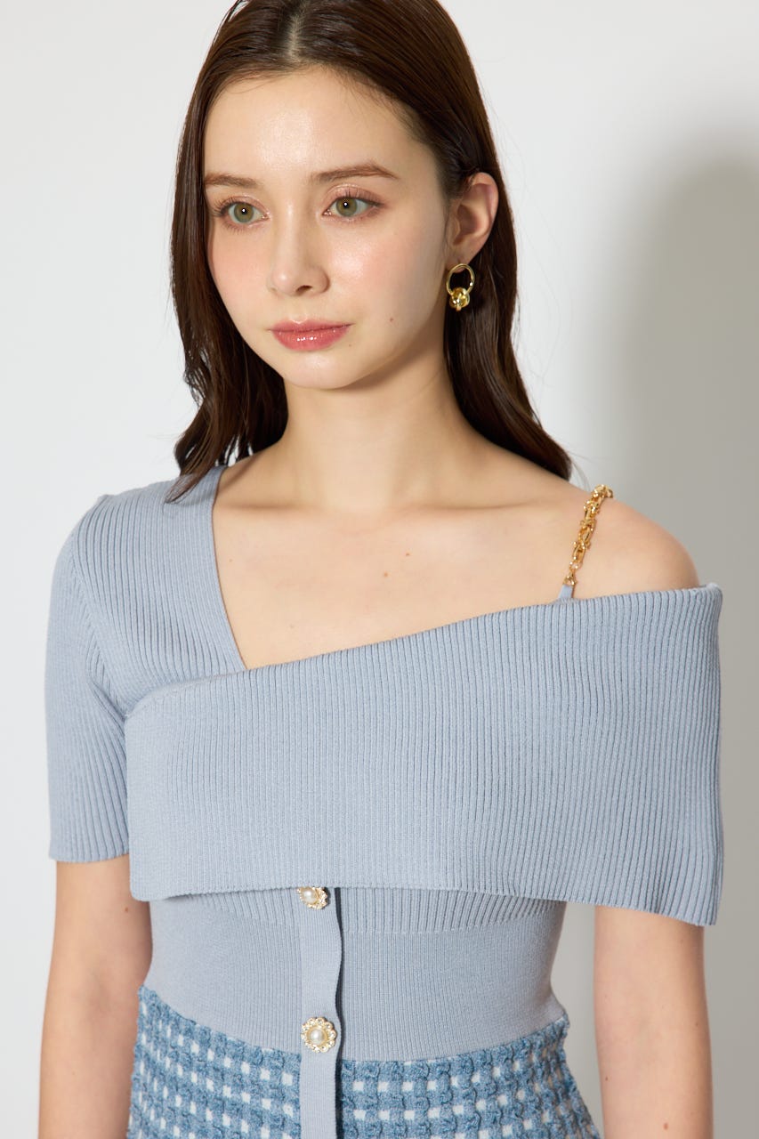 アシンメトリーツイードミニニットワンピース BLU FREE