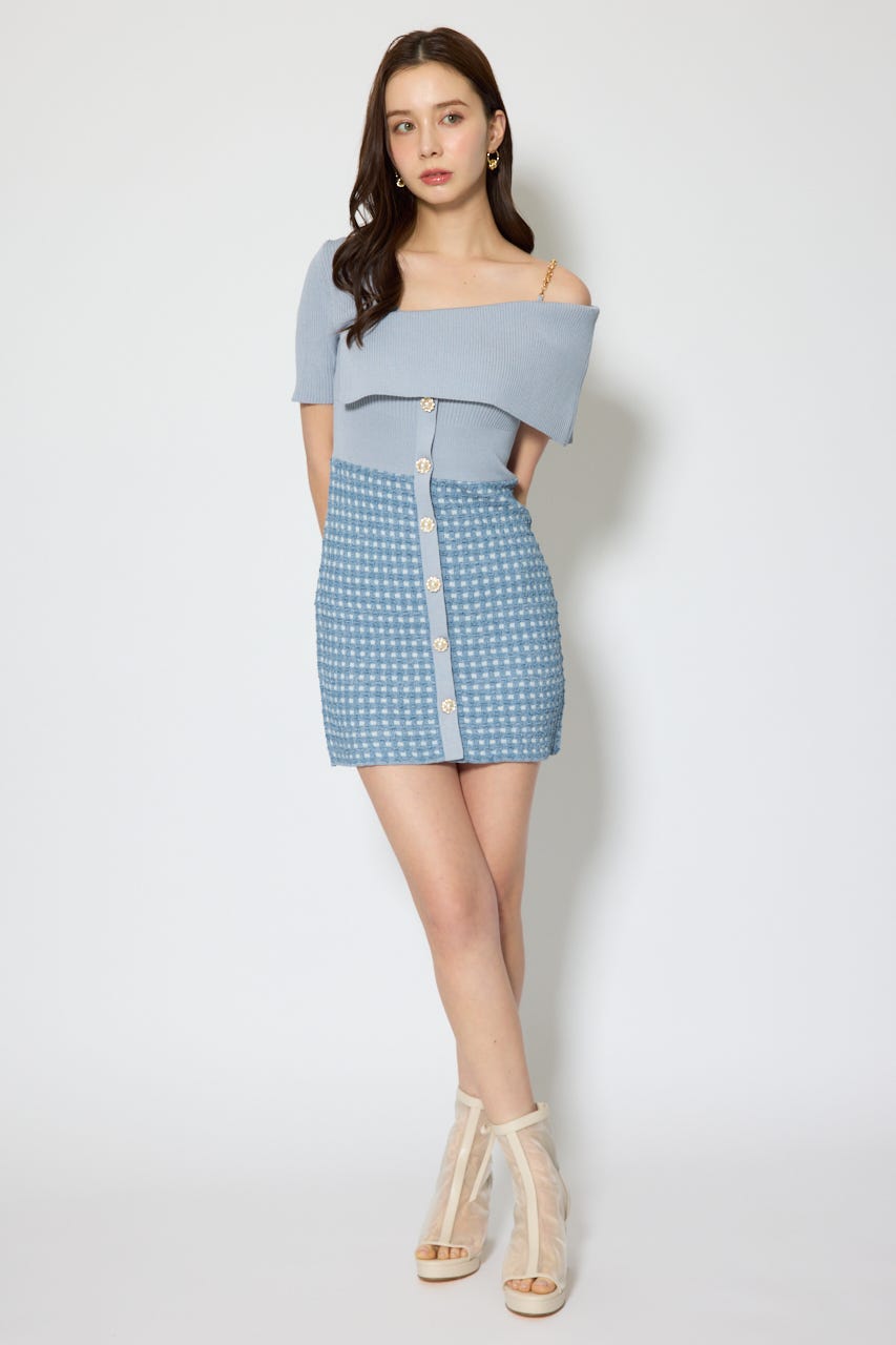 アシンメトリーツイードミニニットワンピース BLU FREE