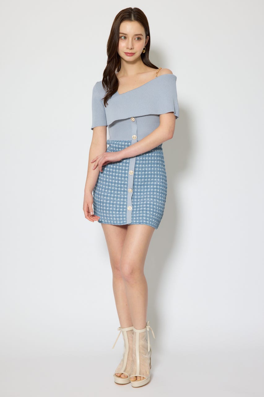 アシンメトリーツイードミニニットワンピース BLU FREE