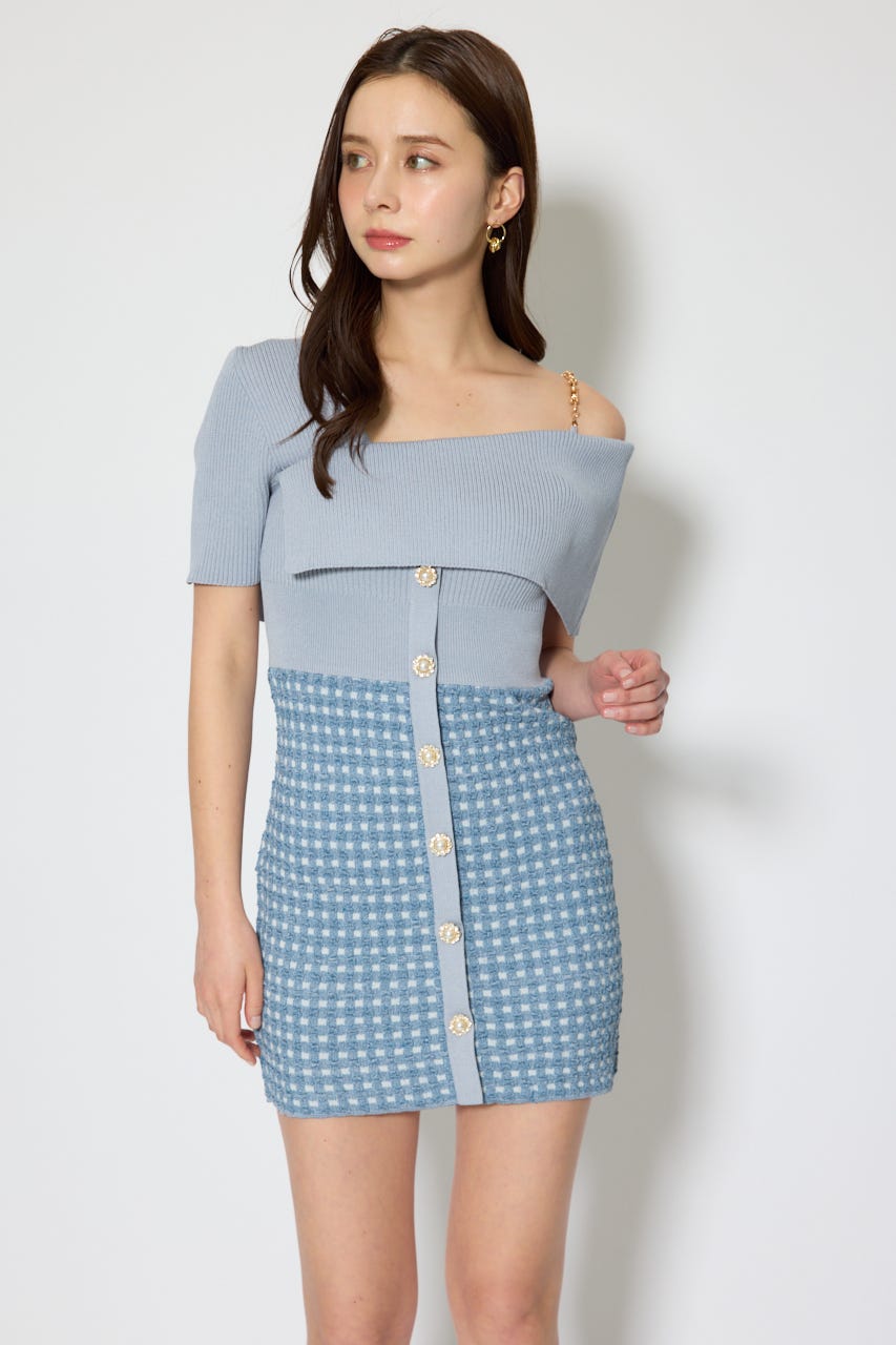 アシンメトリーツイードミニニットワンピース BLU FREE