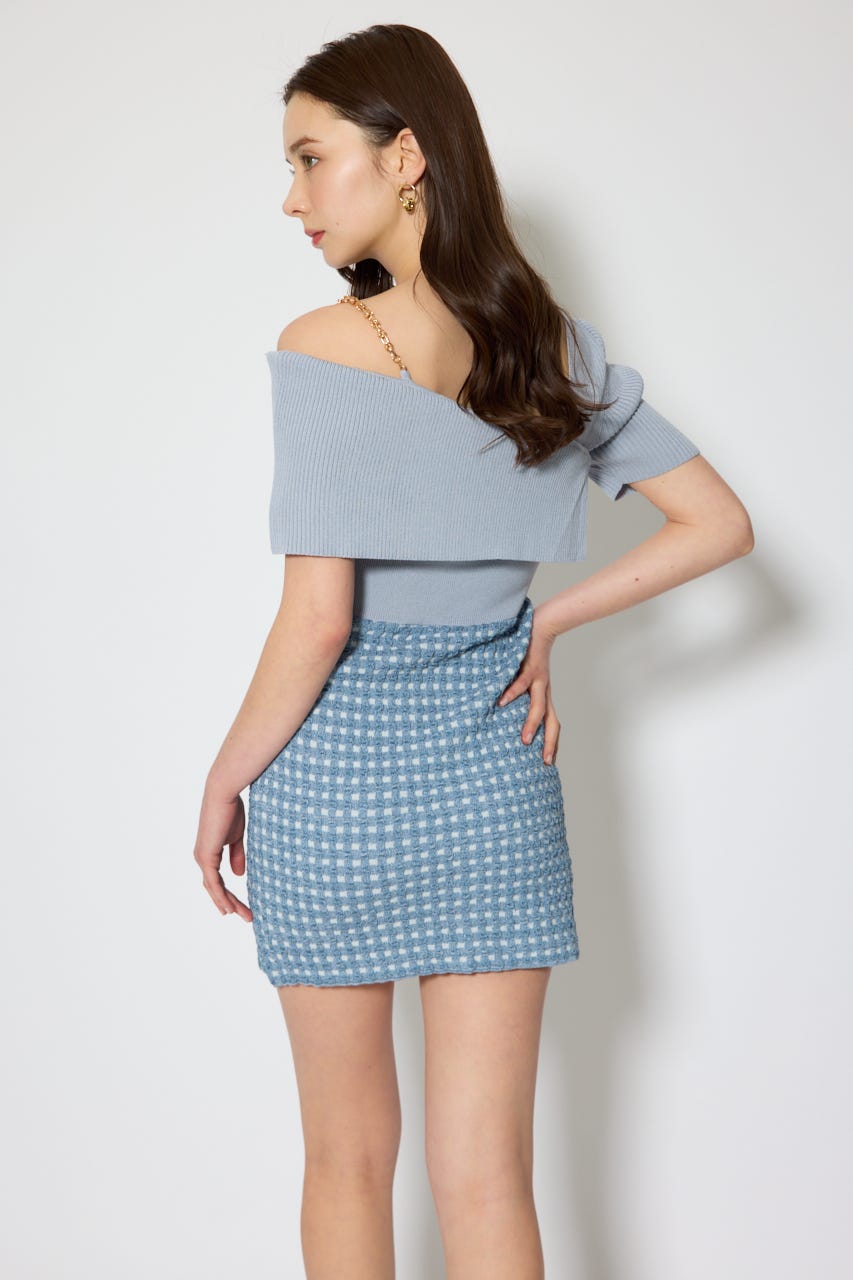 アシンメトリーツイードミニニットワンピース BLU FREE