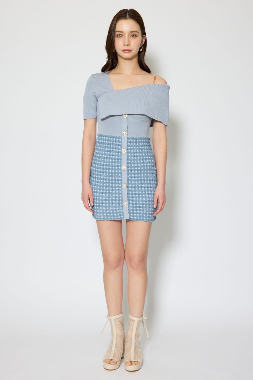 アシンメトリーツイードミニニットワンピース BLU FREE