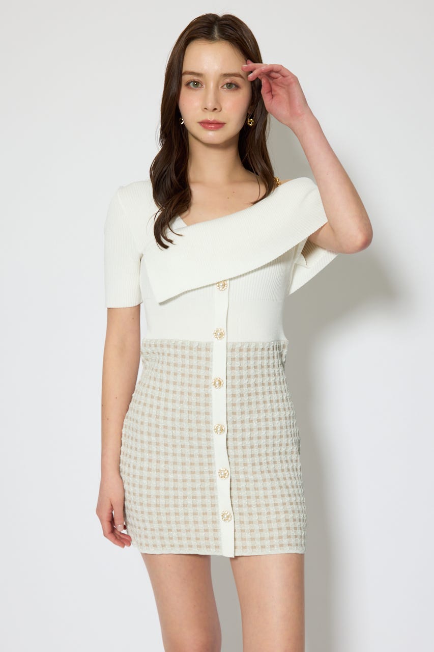 アシンメトリーツイードミニニットワンピース WHT FREE