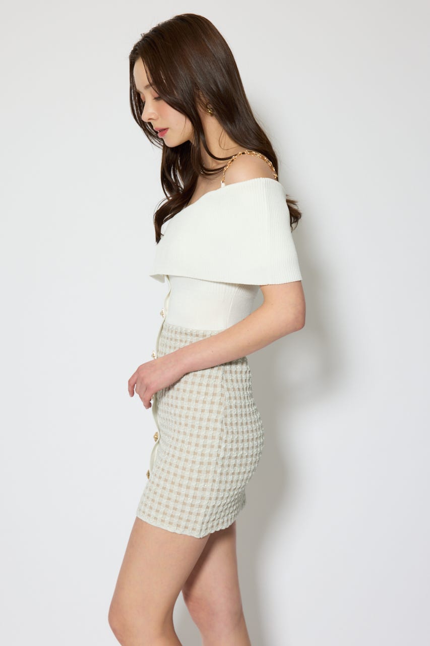 アシンメトリーツイードミニニットワンピース WHT FREE