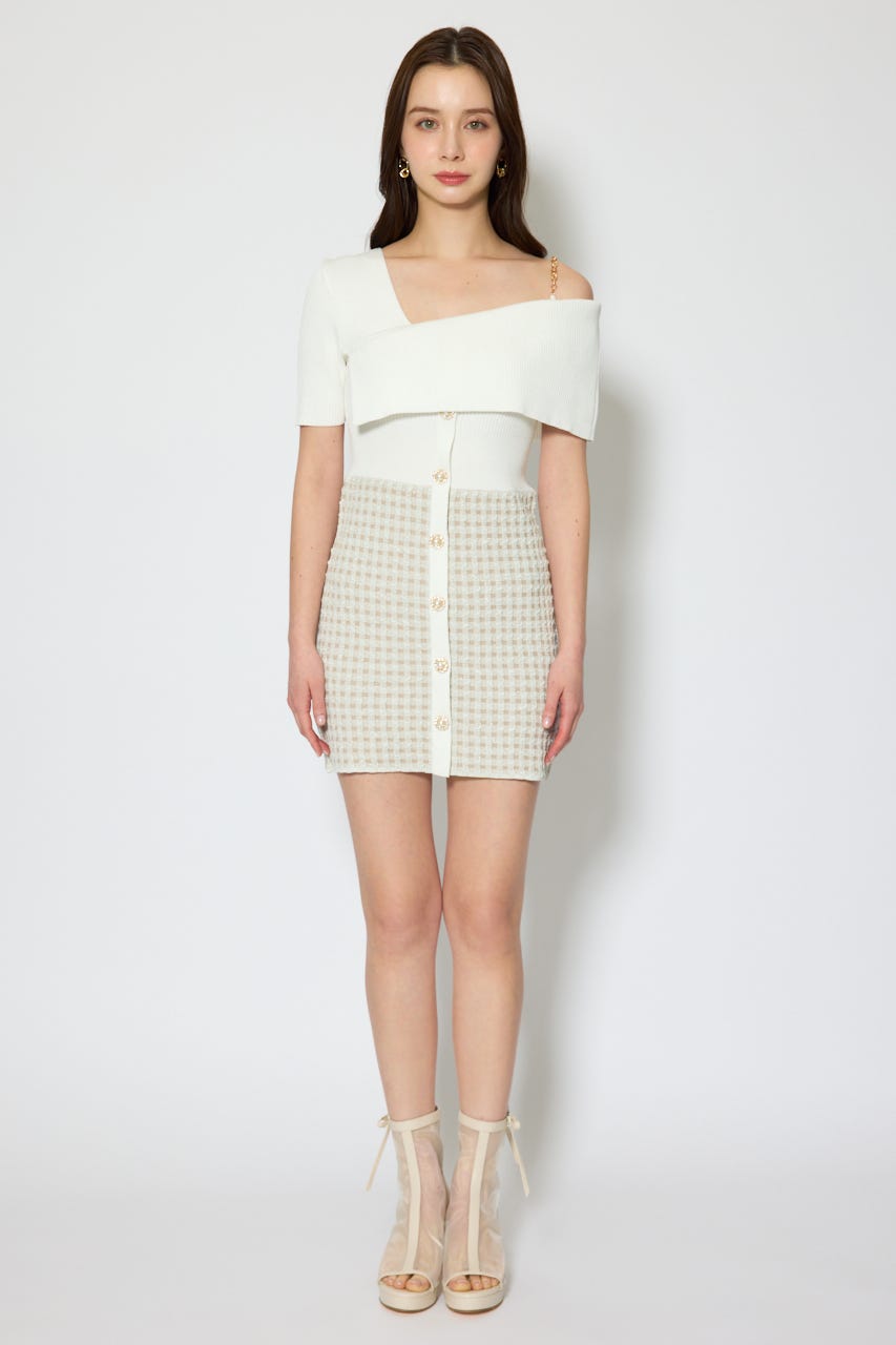 アシンメトリーツイードミニニットワンピース WHT FREE