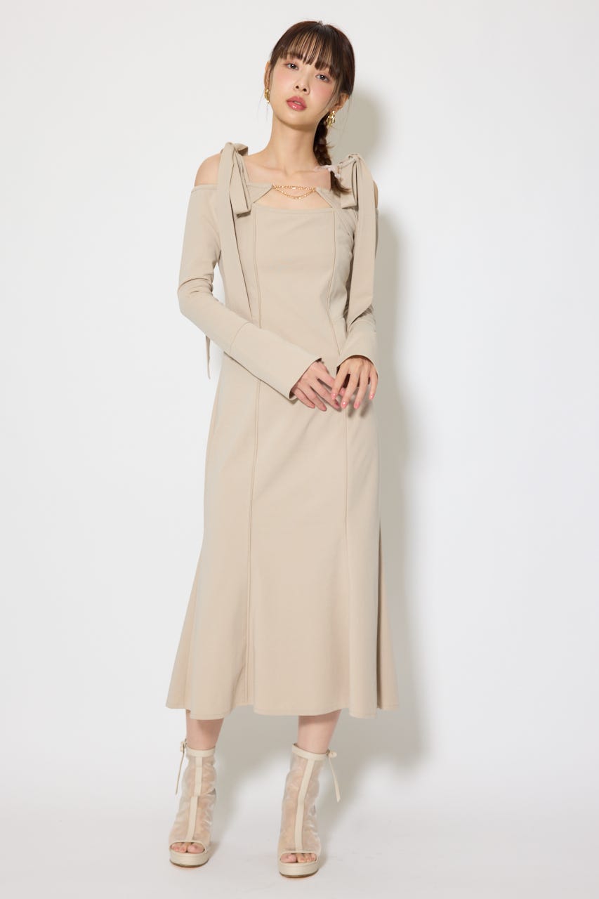 ショルダーリボンオフショルカットワンピース BEG S