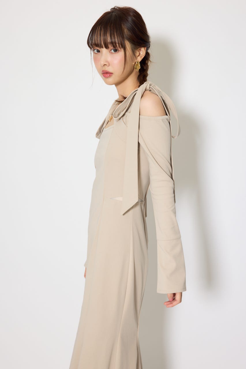 ショルダーリボンオフショルカットワンピース BEG S