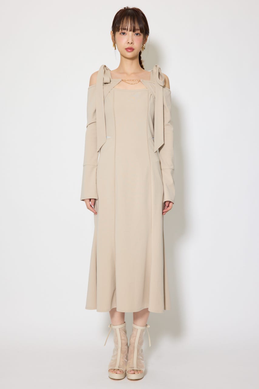 ショルダーリボンオフショルカットワンピース BEG S