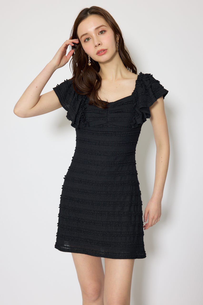 ショルダーフリルカットミニワンピース BLK S