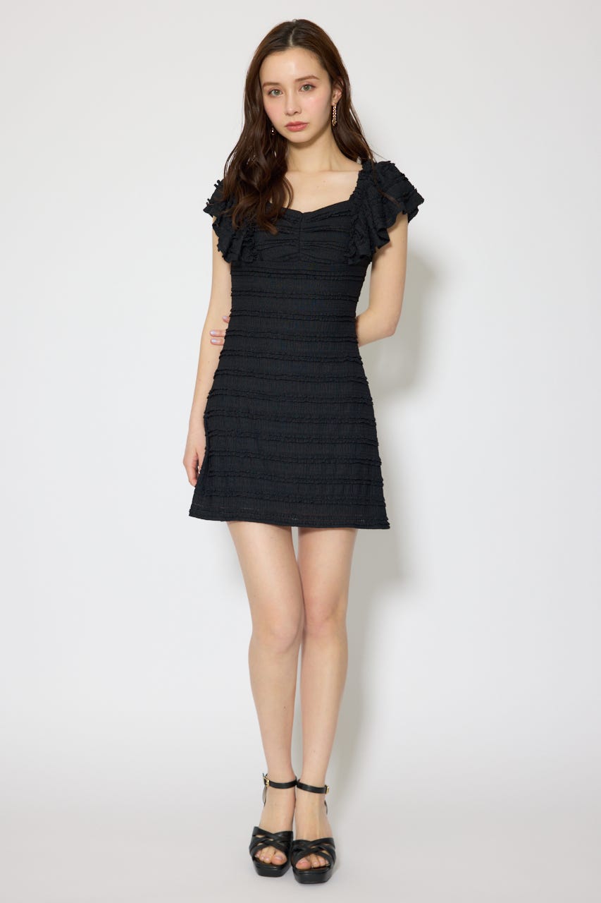 ショルダーフリルカットミニワンピース BLK S