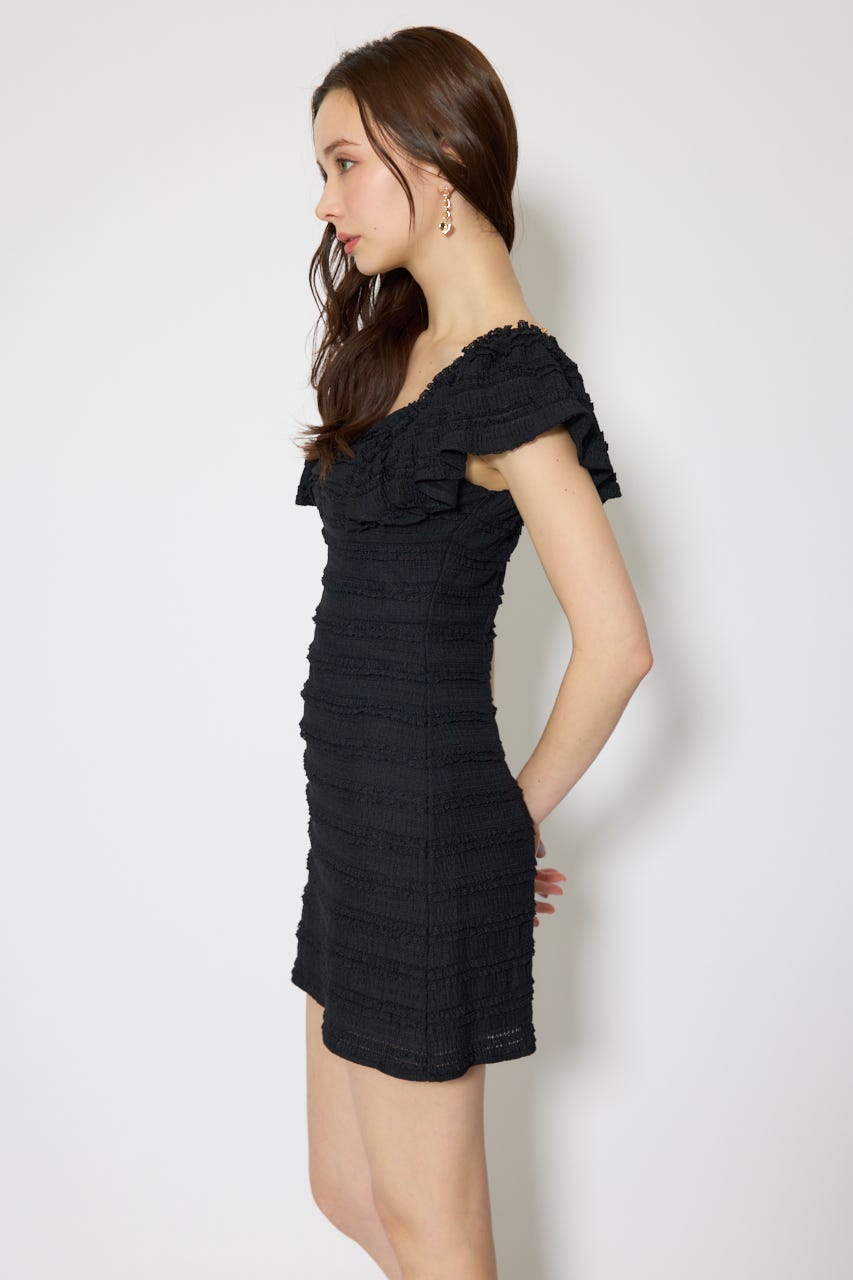 ショルダーフリルカットミニワンピース BLK S