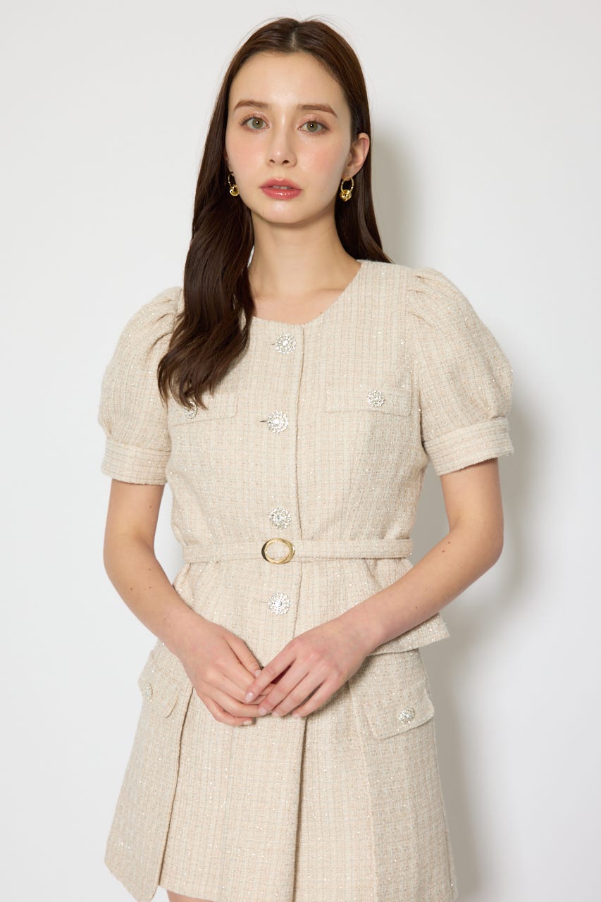 ノーカラーツイードペプラムジャケット BEG S