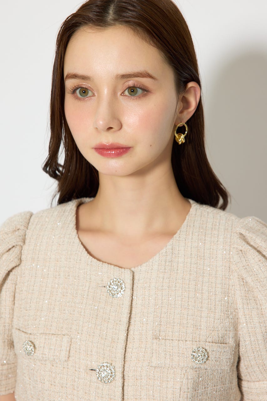 ノーカラーツイードペプラムジャケット BEG S