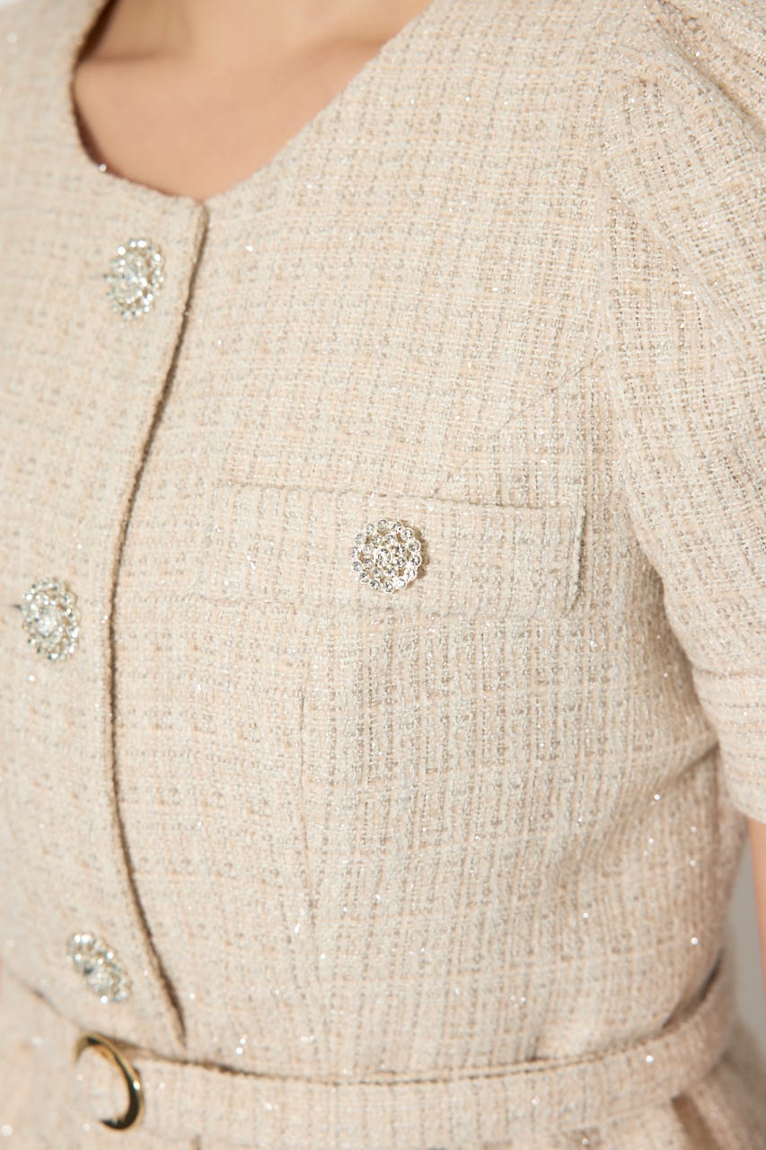 ノーカラーツイードペプラムジャケット BEG S