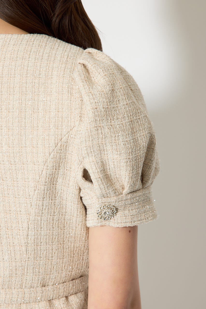 【森香澄さん着用】ノーカラーツイードペプラムジャケット BEG S