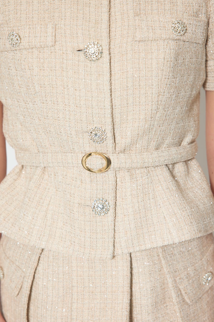 【森香澄さん着用】ノーカラーツイードペプラムジャケット BEG S